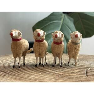 Vintage Germany Putz Wooly Sheep Set 4 Easter Christmas Ted Green Collar